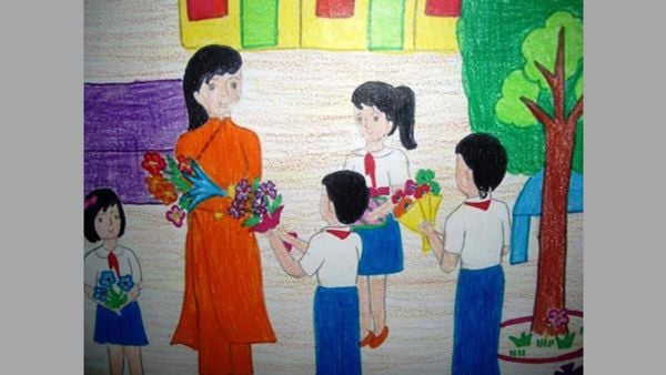 Tranh vẽ học sinh đang tặng hoa cho cô giáo nhân ngày 20/10.