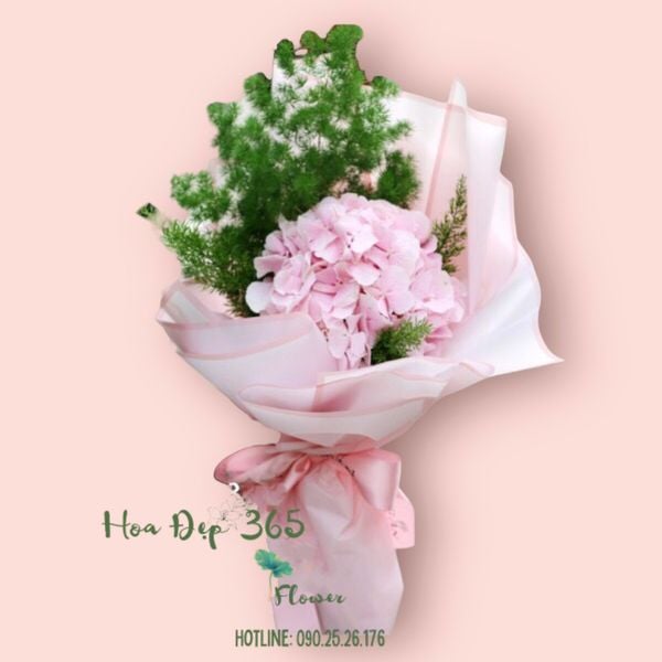 Bó hoa cẩm tú cầu nhập khẩu kết hợp cùng lá tùng nho với sắc hồng ngọt ngào dành cho ngày 20/10