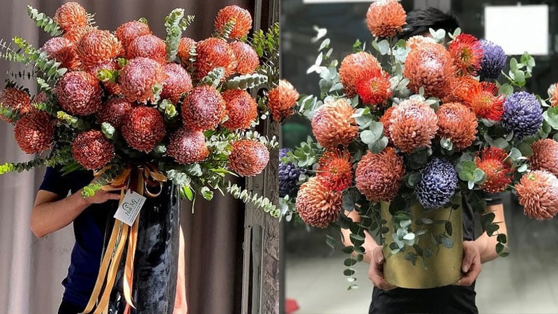 Giỏ hoa cúc mẫu đơn với màu sắc ấn tượng vô cùng độc đáo