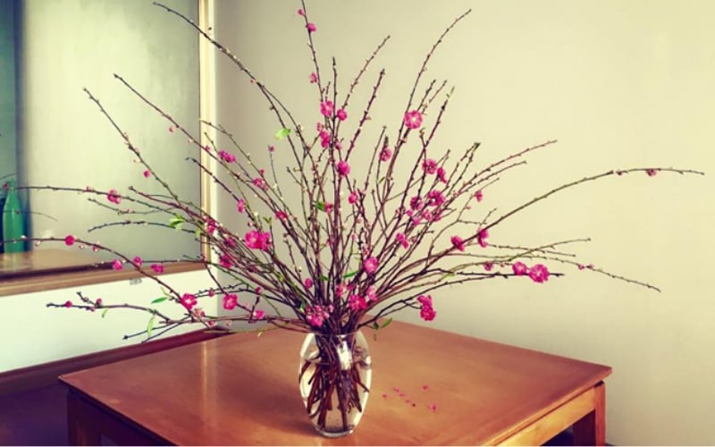 Cắm cành đào trong bình cổ thấp