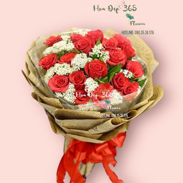 Bó hoa Me before you với sự kết hợp của hoa hồng đỏ cùng hoa Ami xinh xắn