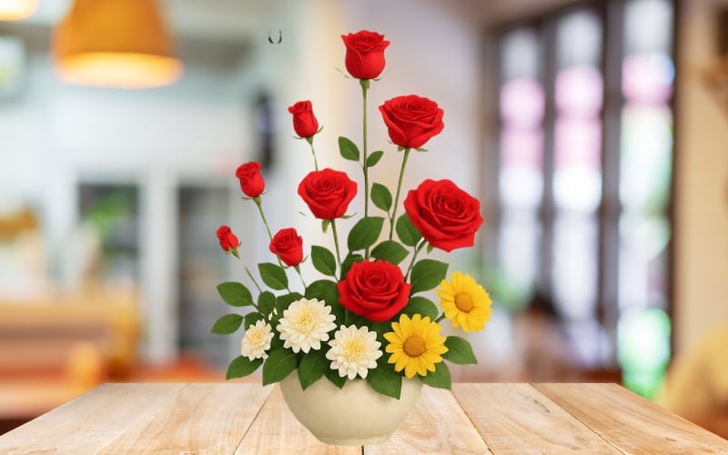 Bình hoa hồng được cắm với các giai đoạn nở khác nhau, từ nụ đến hoa nở rộ