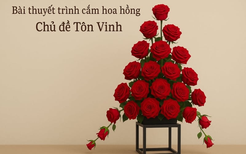 Bình hoa hồng đỏ được cắm cao, vươn lên trên một khung đỡ vững chắc
