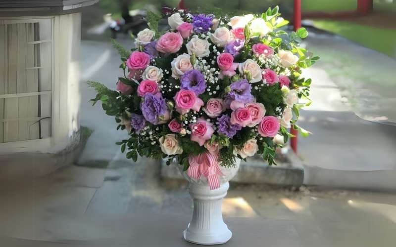 Mẫu bình hoa cát tường mix hoa hồng lớn ngũ sắc, phú quý cả năm