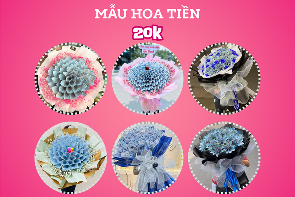 Bó hoa tiền 20K xanh dương tượng trưng cho sự hy vọng, tự tin thích hợp làm hoa 20/10