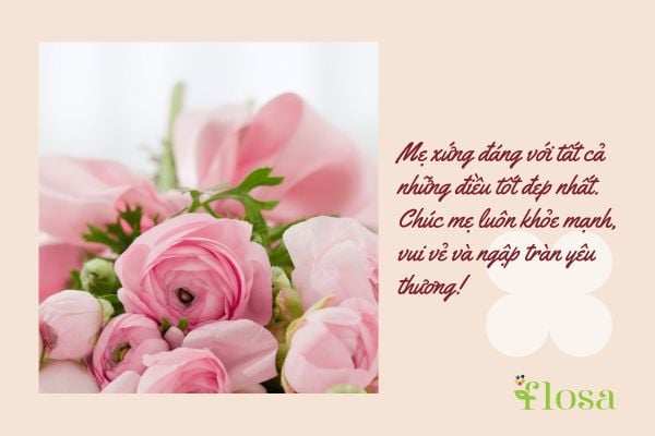 Mẹ xứng đáng với tất cả những điều tốt đẹp nhất. Chúc mẹ luôn khỏe mạnh, vui vẻ và ngập tràn yêu thương!