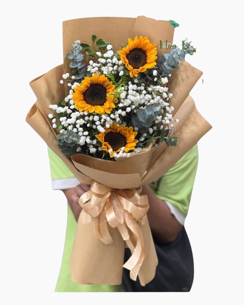 Hoa Bó Dài: Bó Hoa Hướng Dương Mix Baby Lá Bạc - HBD251