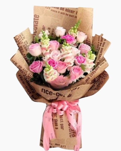 Hoa Bó Dài: Thương Lắm - HBD187 - Hoa Hồng 20/10 - Hoa Hồng Dâu và Hoa Mõm Sói Hồng