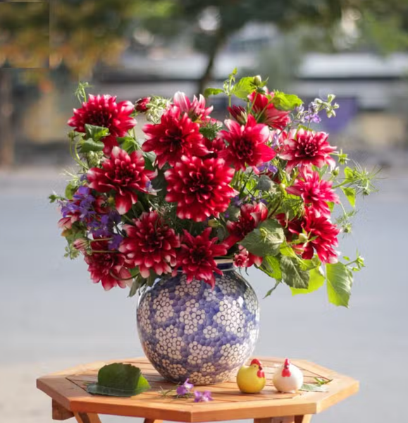bình hoa thược dược đỏ