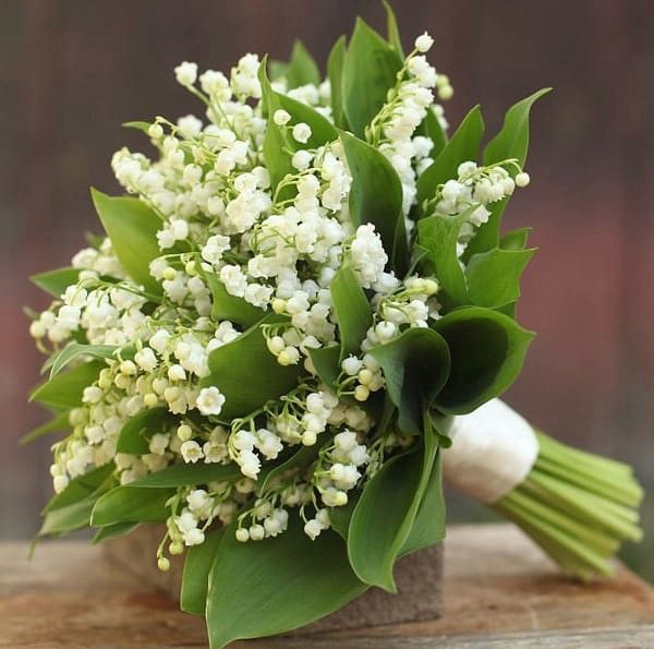 Bó hoa cưới linh lan kết hợp cùng lá trang trí