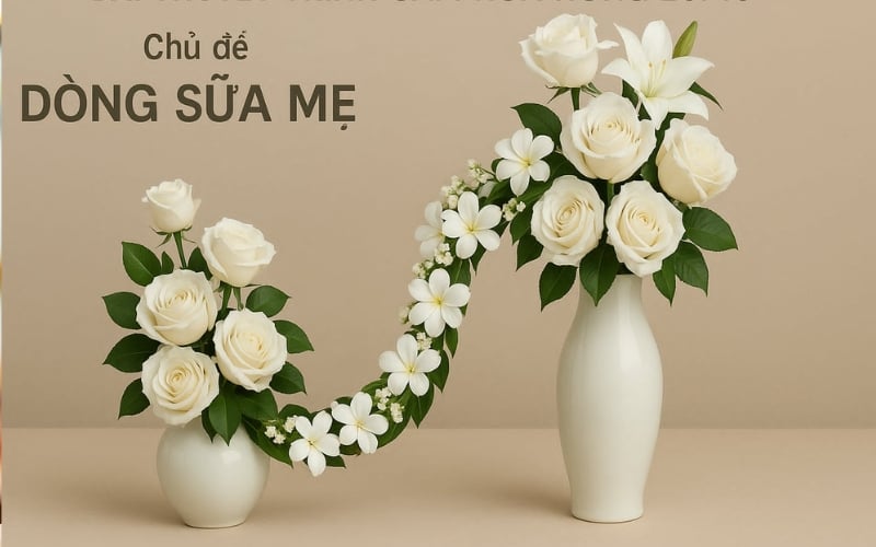 Hai lọ hoa hồng trắng được kết nối, tạo hình dòng sữa mẹ