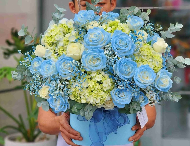 Giỏ hoa khai trương cẩm tú cầu mix hồng màu xanh hy vọng