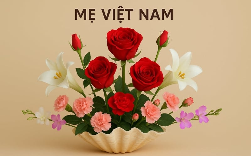 Bình hoa hồng hình trái tim được cắm trong một vỏ sò lớn, tượng trưng cho bàn tay mẹ