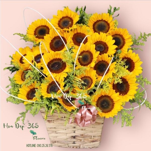 Giỏ hoa khai trương với hoa hướng dương tượng trưng cho sự phát triển mạnh mẽ và tích cực.