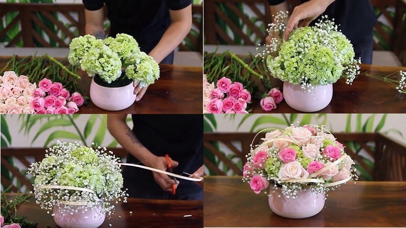 Các bước cắm hoa hồng để bàn với bình sứ nhỏ xinh xắn