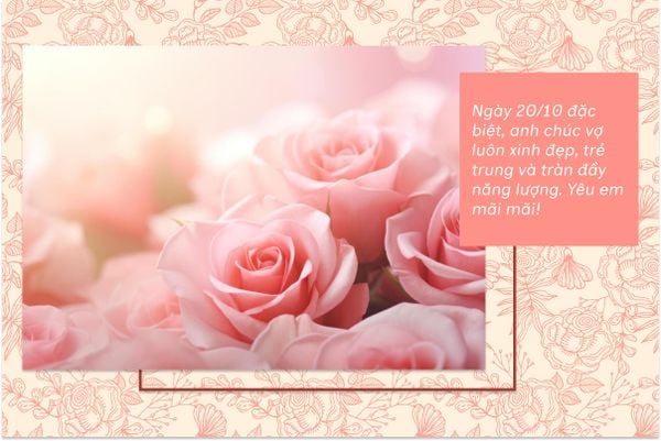 Ngày 20/10 đặc biệt, anh chúc vợ luôn xinh đẹp, trẻ trung và tràn đầy năng lượng. Yêu em mãi mãi!
