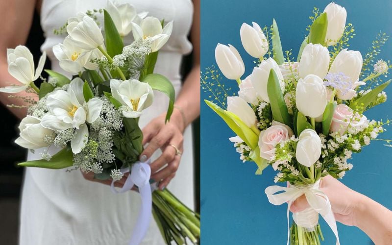 Hoa cưới tulip trắng mang vẻ đẹp tinh khôi, thuần khiết và là biểu tượng cho một tình yêu trong sáng, trinh nguyên