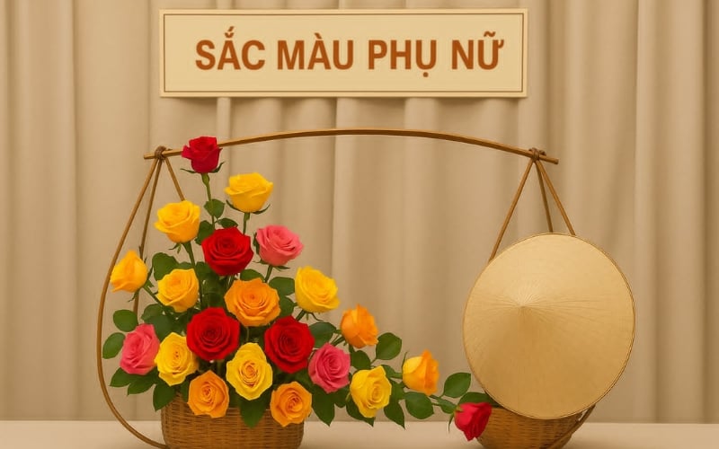 Bình hoa hồng nhiều màu sắc được đặt trên quang gánh cùng chiếc nón lá