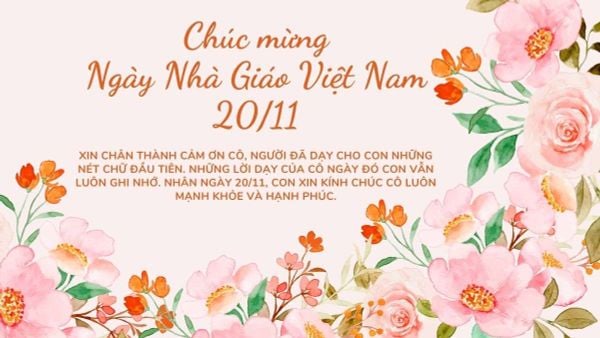 Hình ảnh 20/11 tươi tắn kèm câu chúc ý nghĩa gửi đến cô giáo (Nguồn: Internet)