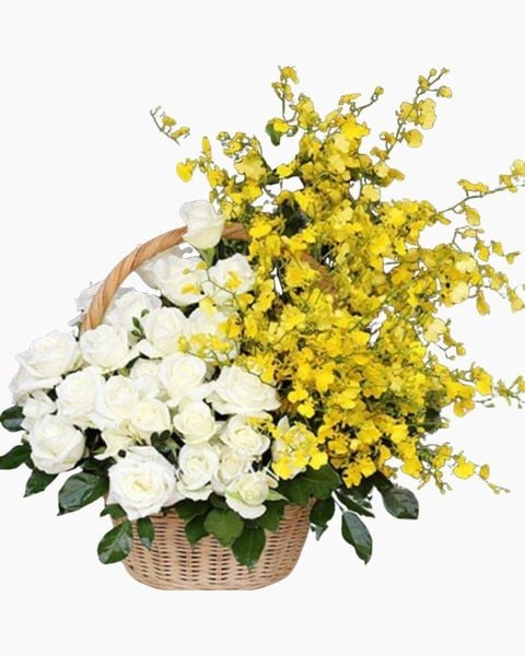 Giỏ Hoa Viếng: Giỏ Hoa Hồng Trắng Mix - GHV08 - Giỏ hoa tươi