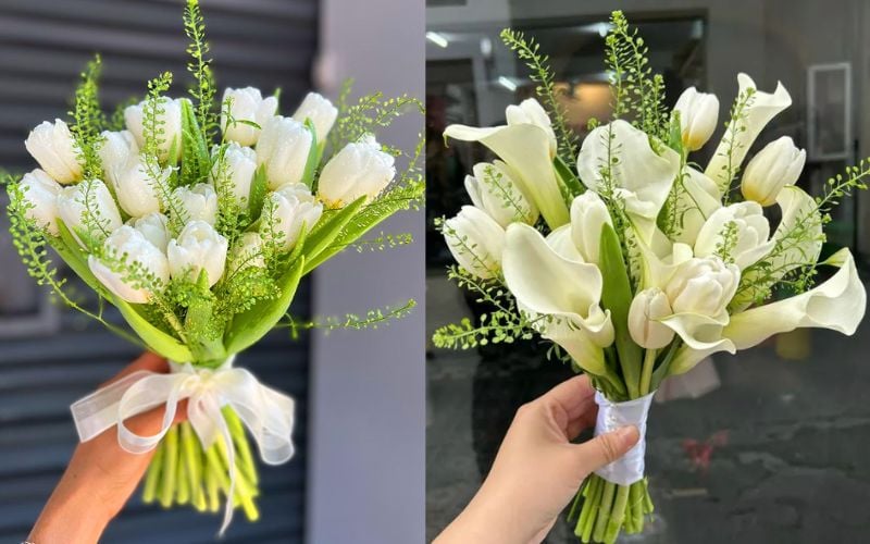 Hoa cưới tulip trắng mix hoa rum sang trọng, quý phái