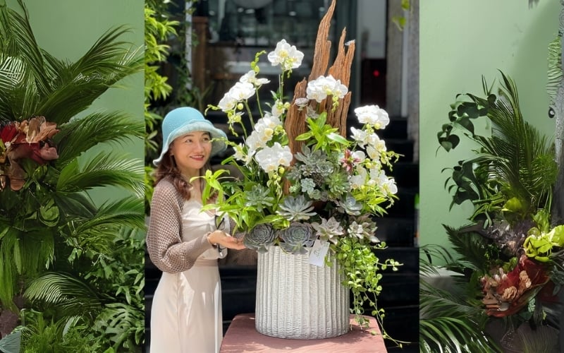 Chậu hoa lan trắng mix sen đá phù hợp tặng sinh nhật cho sếp nữ