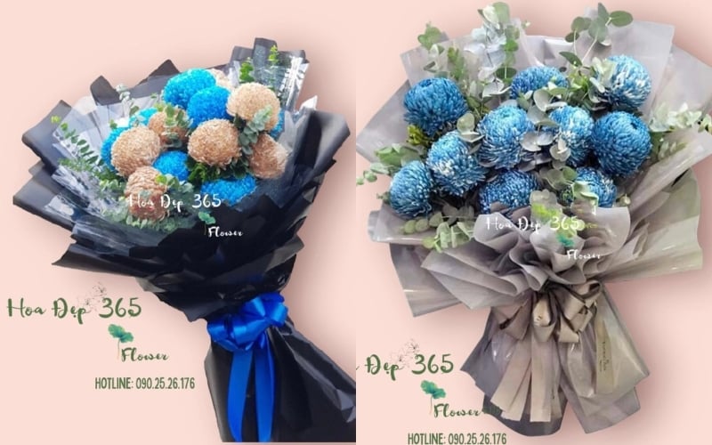 Mẫu bó hoa cúc mẫu đơn tone xanh dương nam tính, sang chảnh thích hợp tặng sinh nhật nam