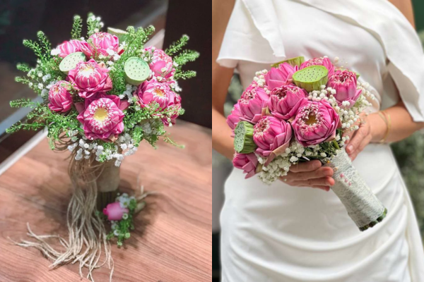 Bó hoa sen cưới màu hồng đại diện cho sự ngọt ngào, dịu dàng trong tình yêu
