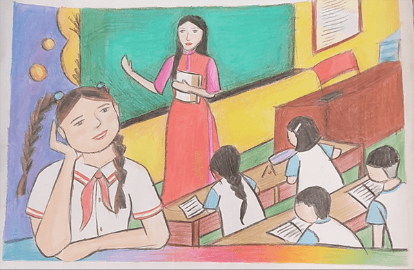 Tranh vẽ giáo viên chủ nhiệm trên bục giảng