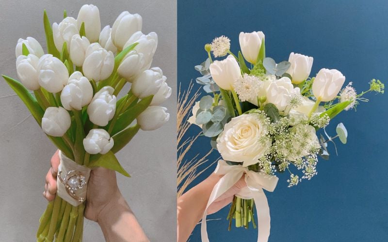 Hoa cưới tulip trắng mix hoa hồng trắng thuần khiết