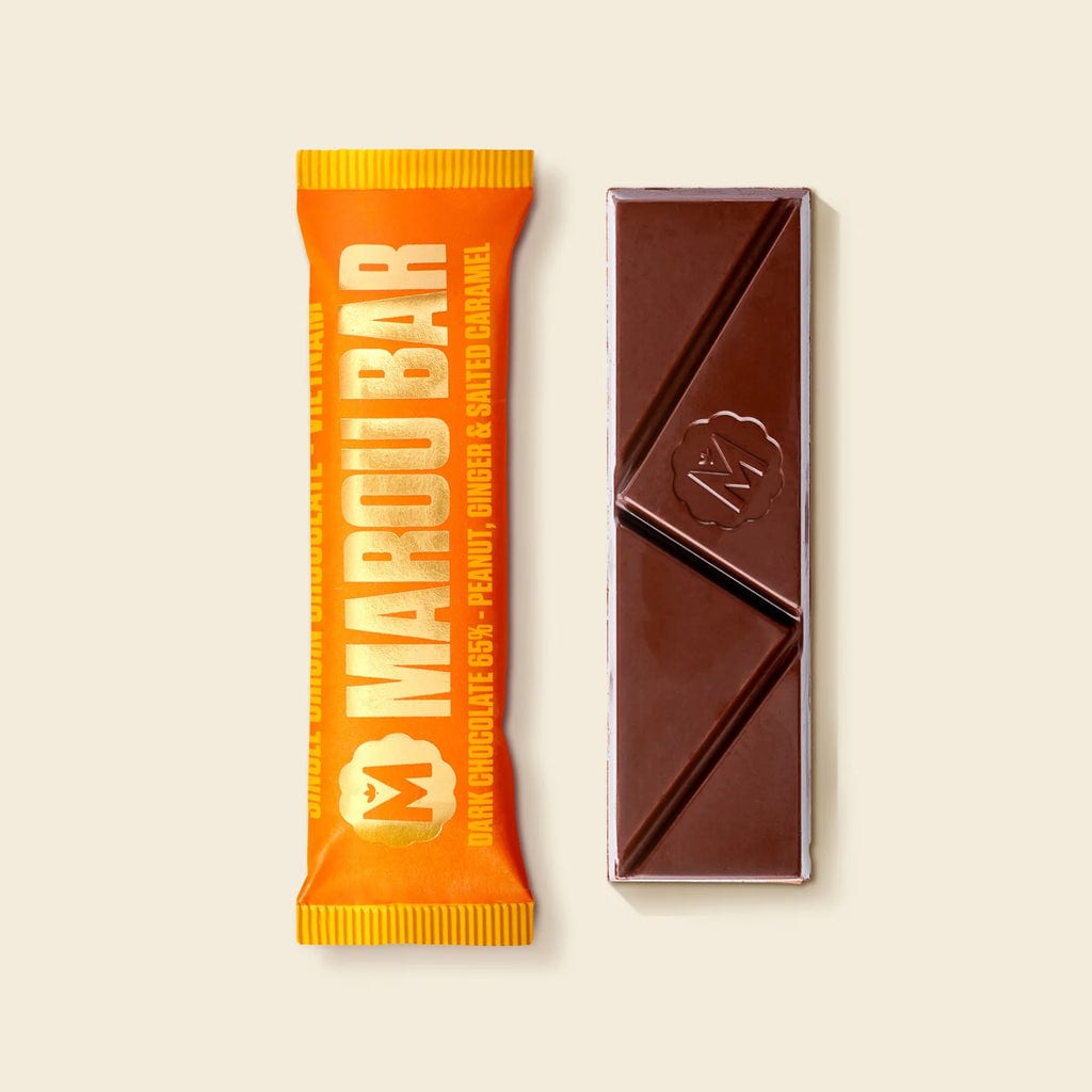 Maison Marou Schokolade:  Marou Bar: 65% Zartbitterschokolade mit Erdnüssen, Ingwer & Meersalz-Karamell 35G 