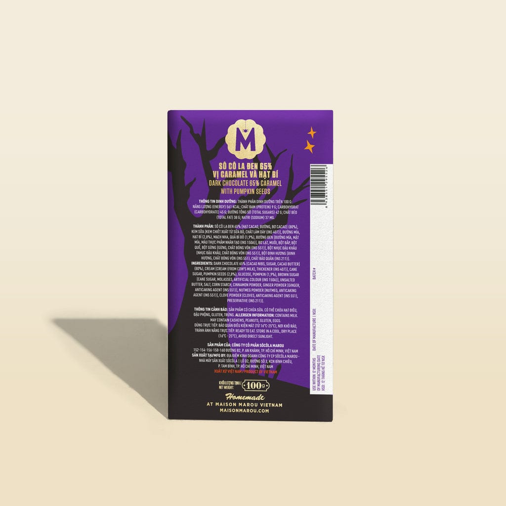  Thanh Socola Đen 65% Caramel Với Hạt Bí Marou - Phiên Bản Halloween 