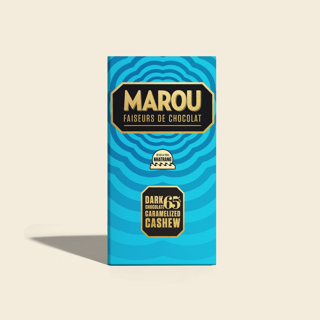 Maison Marou 초콜릿:  65% 다크 초콜릿 캐러멜과 캐슈넛 바 마루 - 트레일 초콜릿 버전 