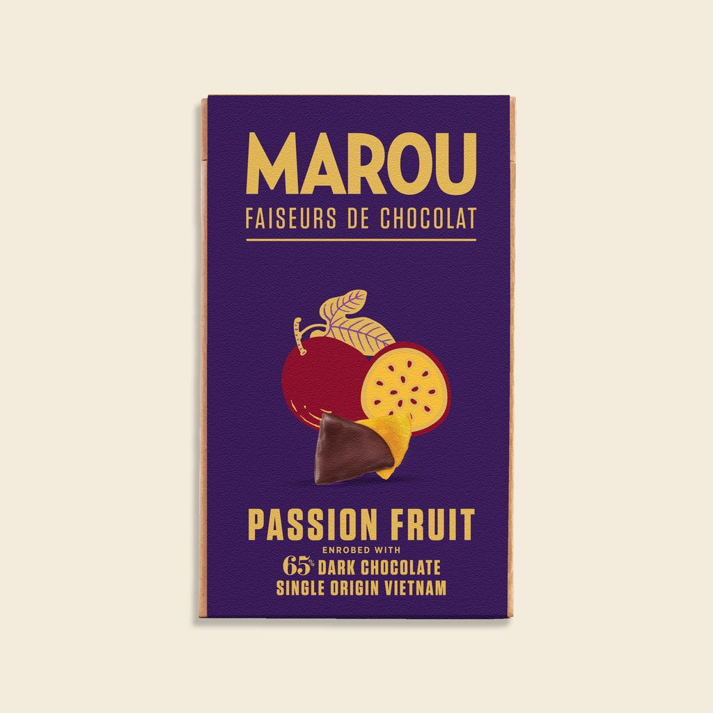 Maison Marou Schokolade:  Getrocknete Passionsfrucht in 65% Zartbitterschokolade Marou 