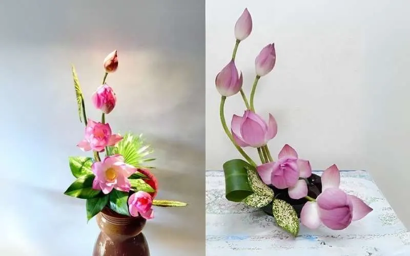 Hai mẫu hoa sen 5 bông được cắm theo hình cánh buồm ra khơi mới lạ