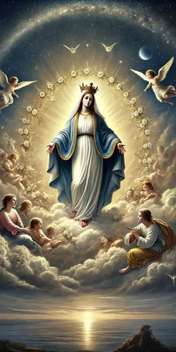 Hình nền điện thoại lộng lẫy với Đức Mẹ Maria đội vương miện vàng, đứng trên tầng mây