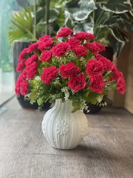 Bình hoa phăng đỏ nổi bật trên nền bình trắng tạo nên một nét đẹp vừa hài hòa vừa cổ điển.