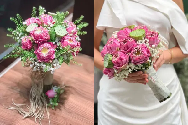 Bó hoa sen cưới màu hồng đại diện cho sự ngọt ngào, dịu dàng trong tình yêu