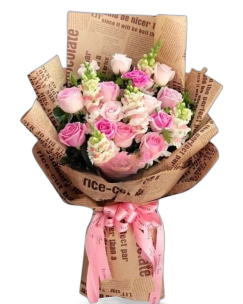 Hoa Bó Dài: Thương Lắm - HBD187 - Hoa Hồng 20/10 - Hoa Hồng Dâu và Hoa Mõm Sói Hồng